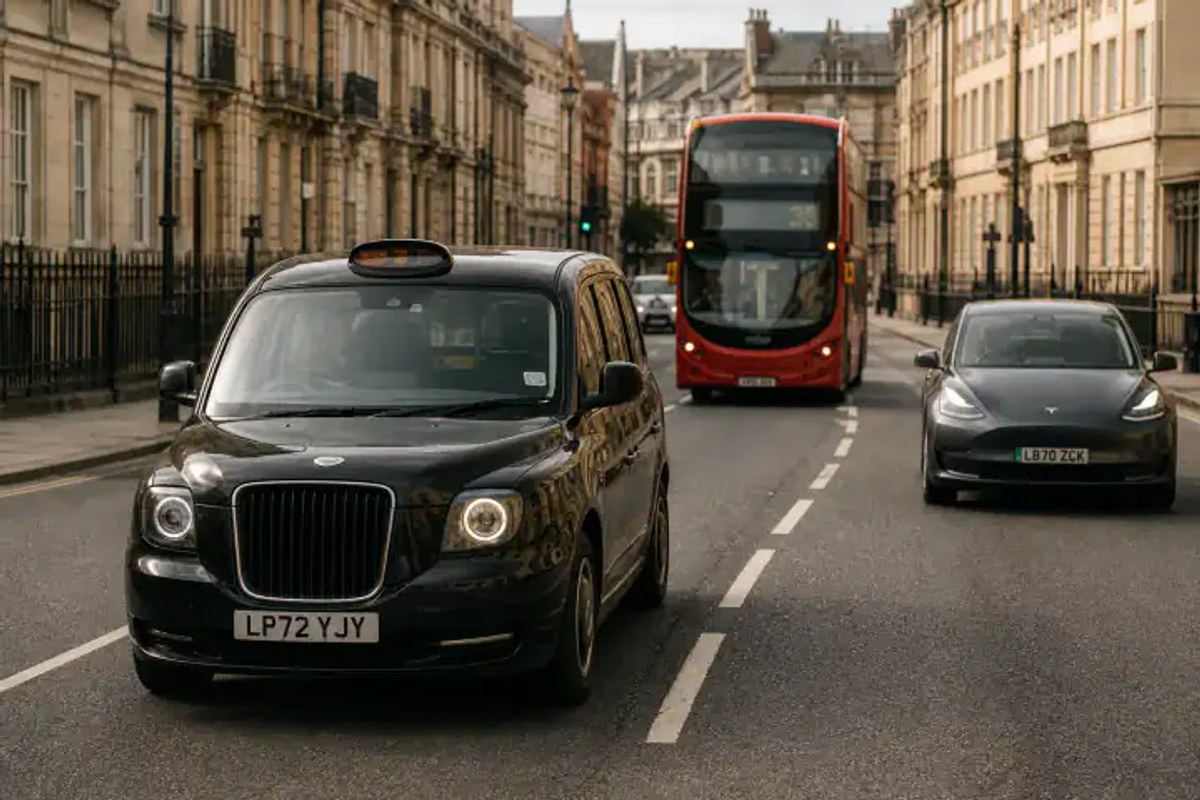 UK street scene showing left-side traffic, road markings, and license plate formats