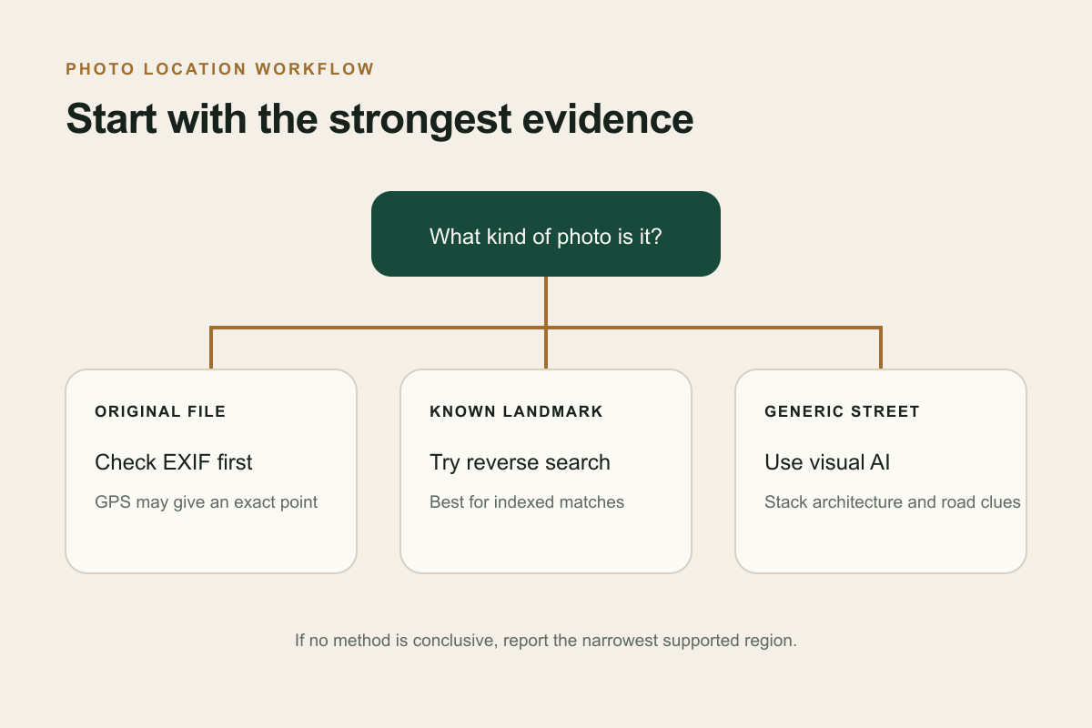 Decision tree showing how to find where a photo was taken using EXIF, reverse search, and AI