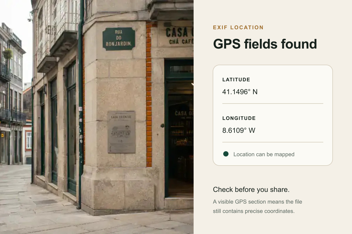 Example photo with EXIF GPS coordinates displayed beside it