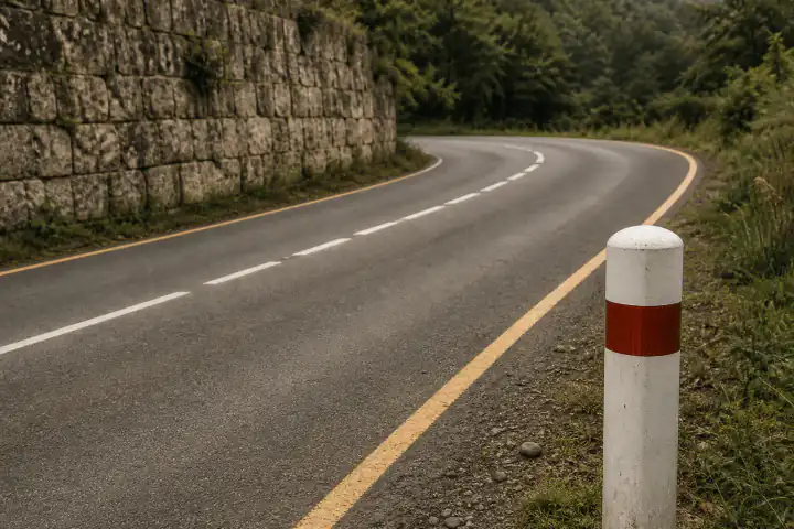Road markings and bollard clues for photo locati0n